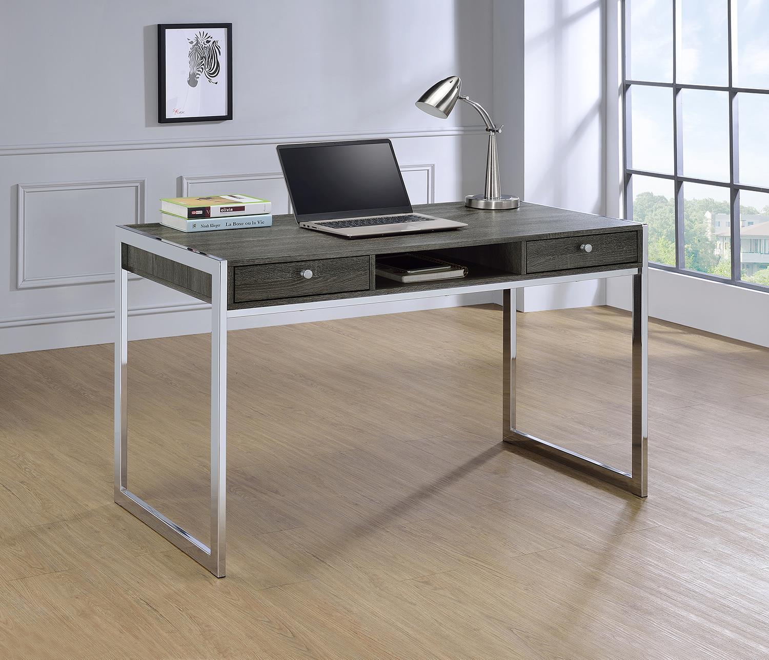 Wallice 2-drawer Writing Desk Weathered Grey and Chrome