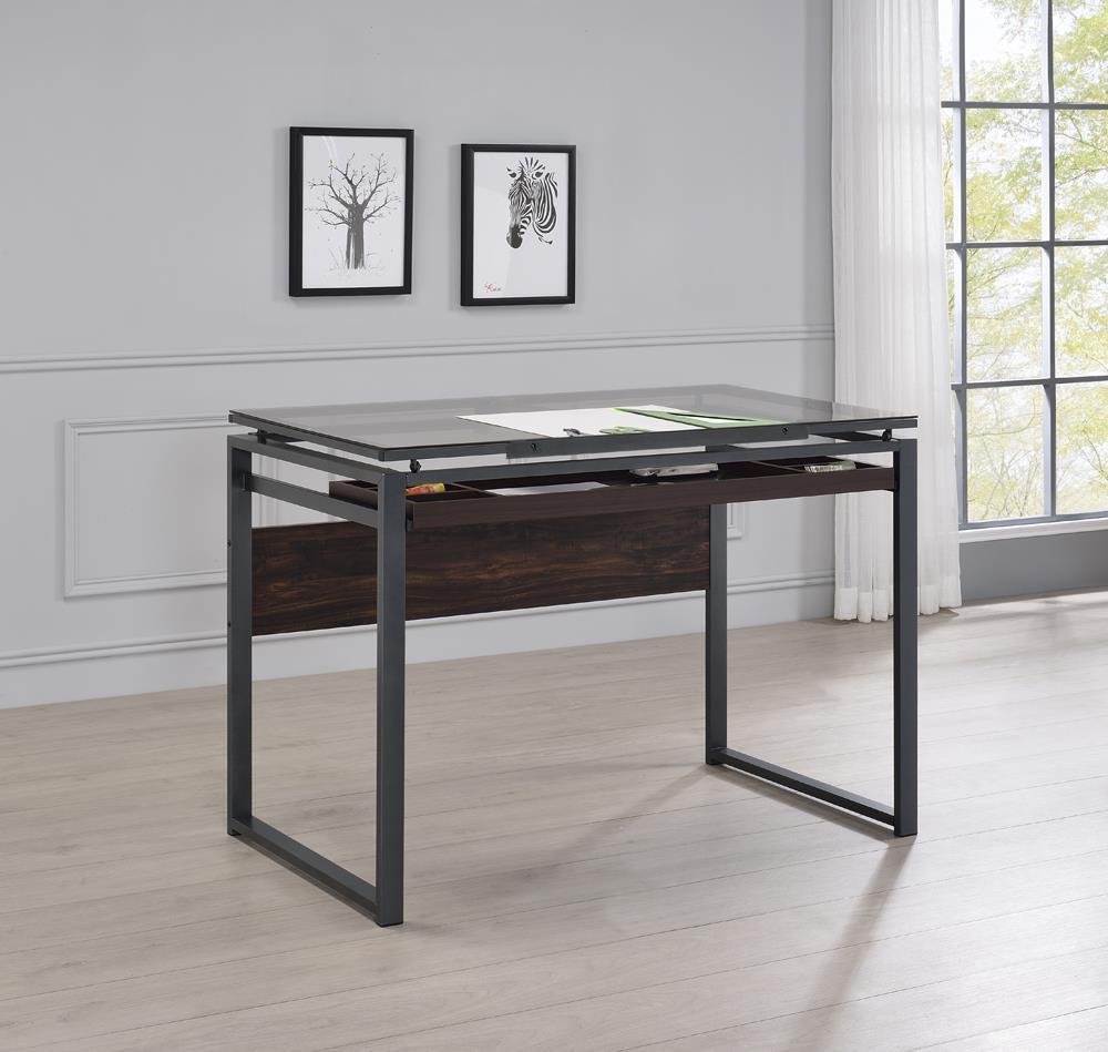 Pantano Glass Top Drafting Desk Dark Gunmetal and Chestnut